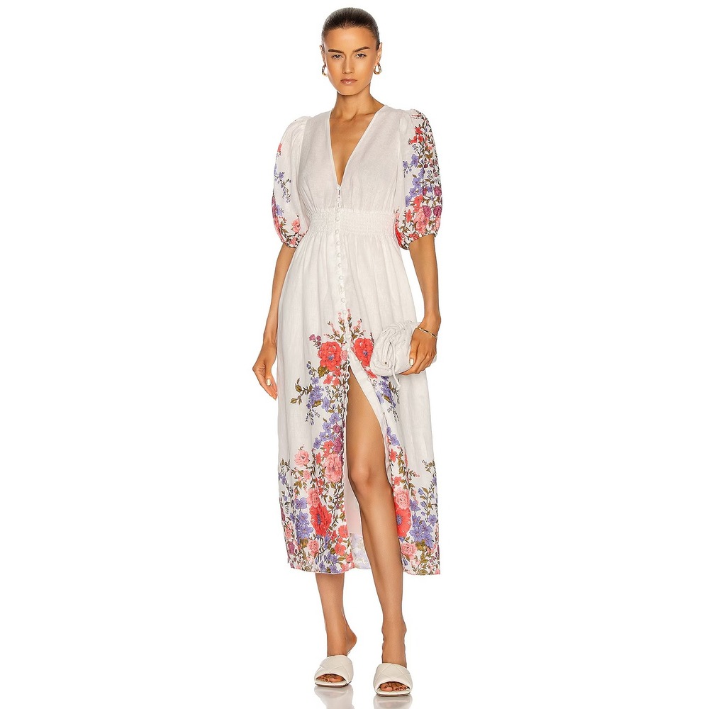 Zimmermann Poppy Shirred Waist Midi Dress White Floral Linen Puff Sleeve Size 1